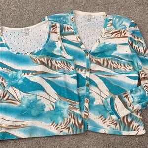 St. John Turquoise Blue and Brown Patterned Knit Cardigan and Top 2pc Set size S